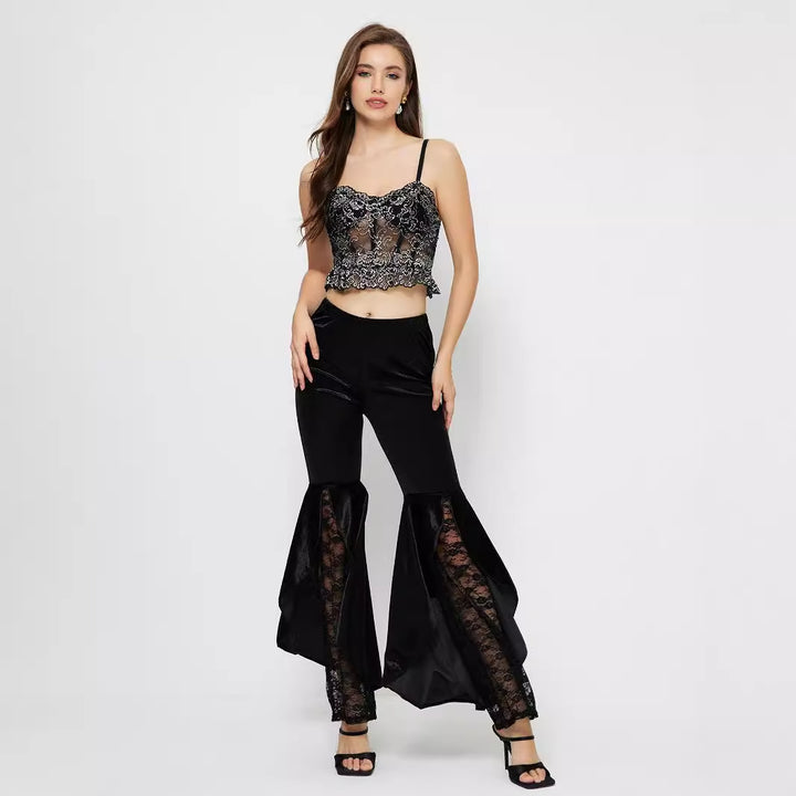 Damen elegante High-Waist Palazzo-Hose mit transparenten Spitzen-Einsätzen Drune