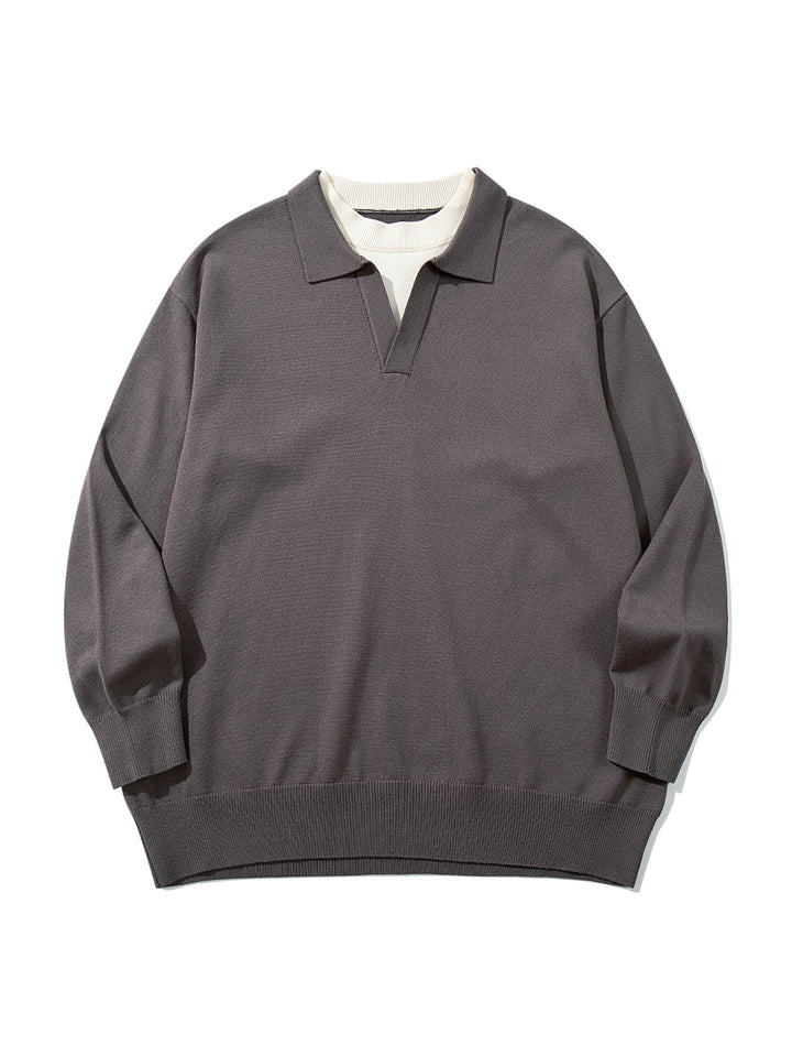 Unisex Feinstrick-Polo mit V‑Ausschnitt‑Cutout und integriertem Rollkragen-Layer Drune