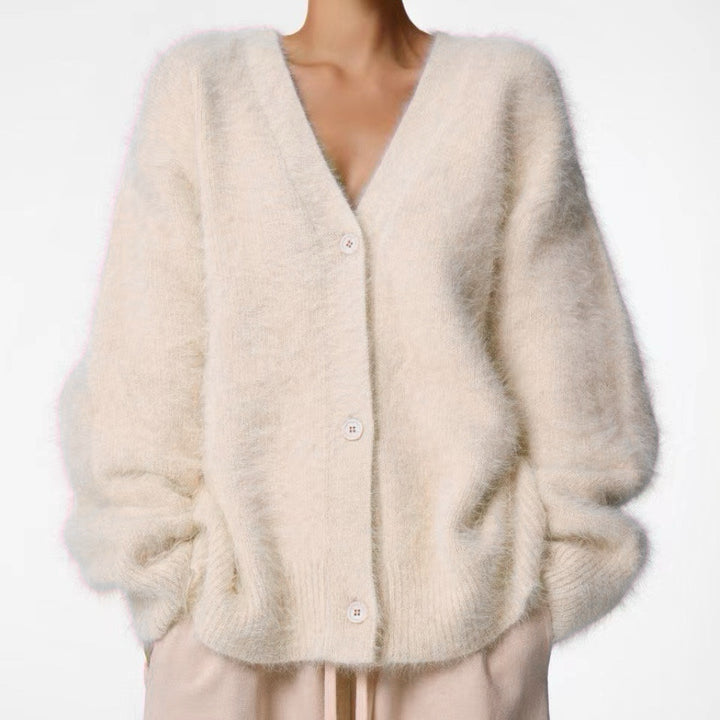 Damen Flauschiger Oversize-Knopfcardigan mit tiefem V-Ausschnitt und Eingrifftaschen Drune