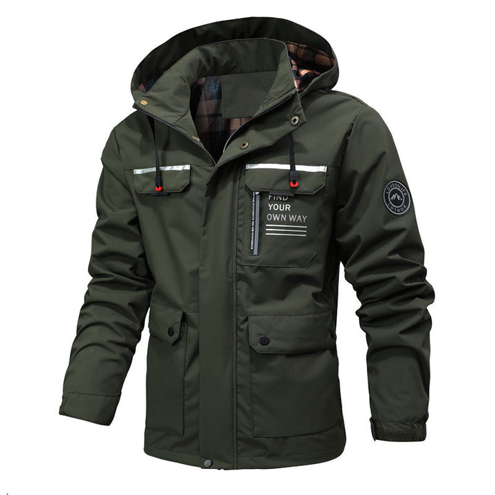 Herren Multitaschen-Softshell-Parka mit Kapuze und kariertem Innenfutter Drune