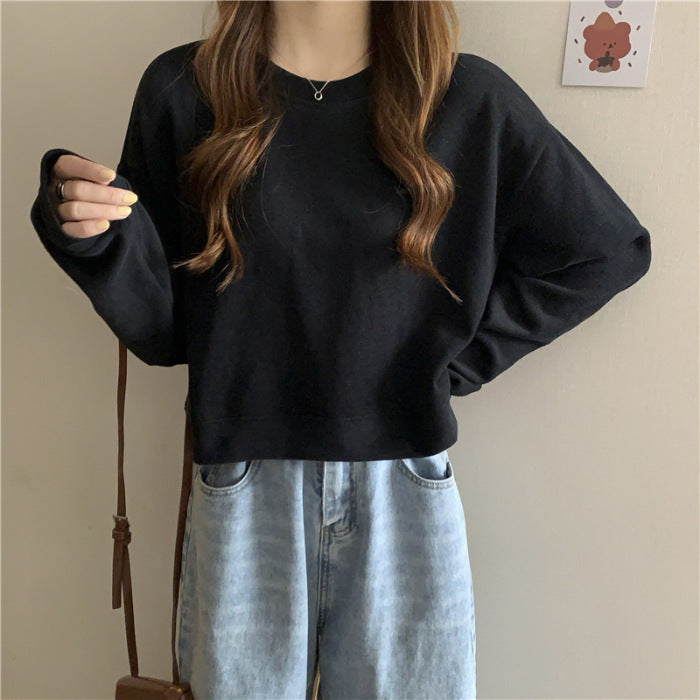 Damen lässiger cropped Pullover aus weichem Baumwollmix mit modischem Rundhalsausschnitt Drune