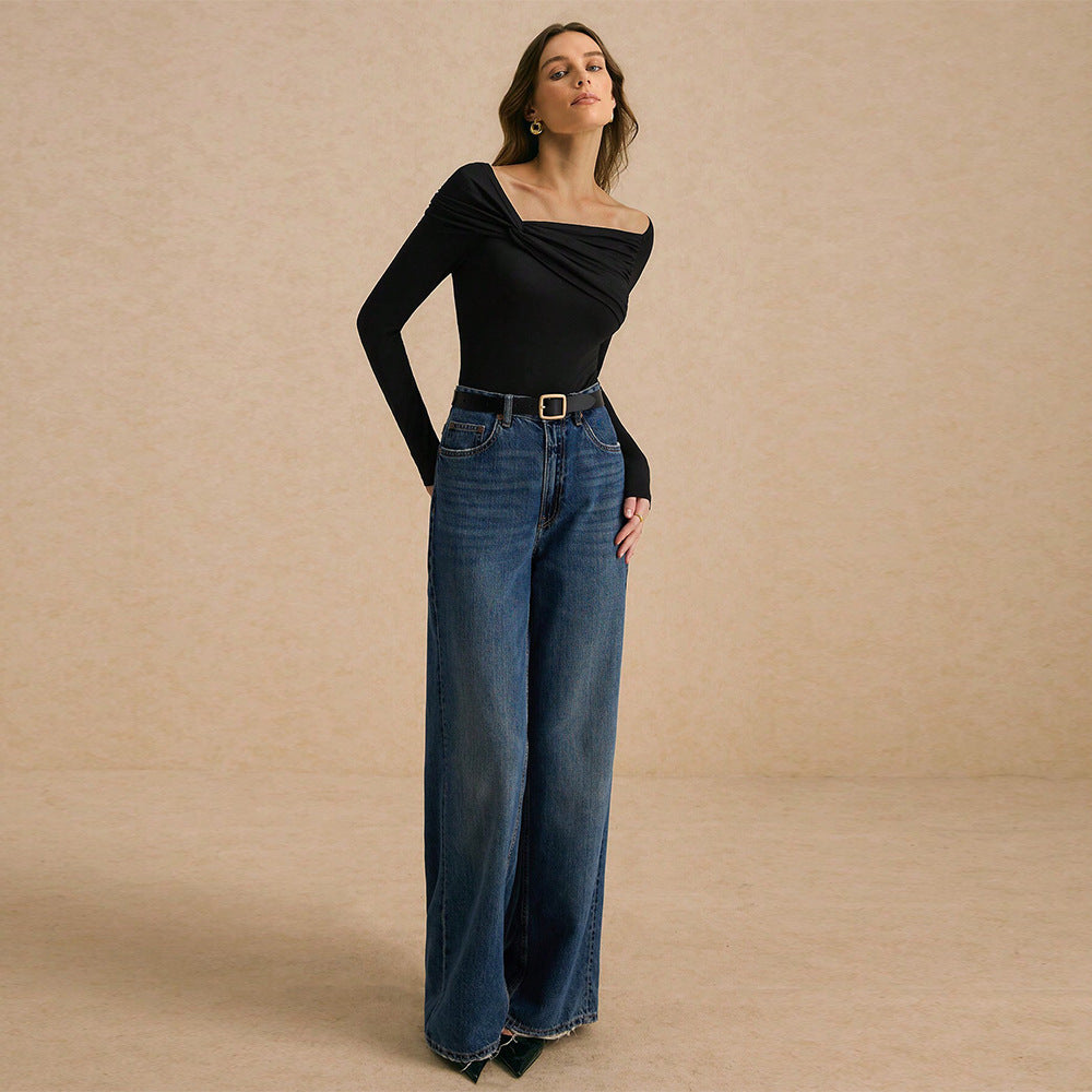 Damen asymmetrisches Off-Shoulder-Drapiertes Langarmshirt mit Knoten-Detail Drune