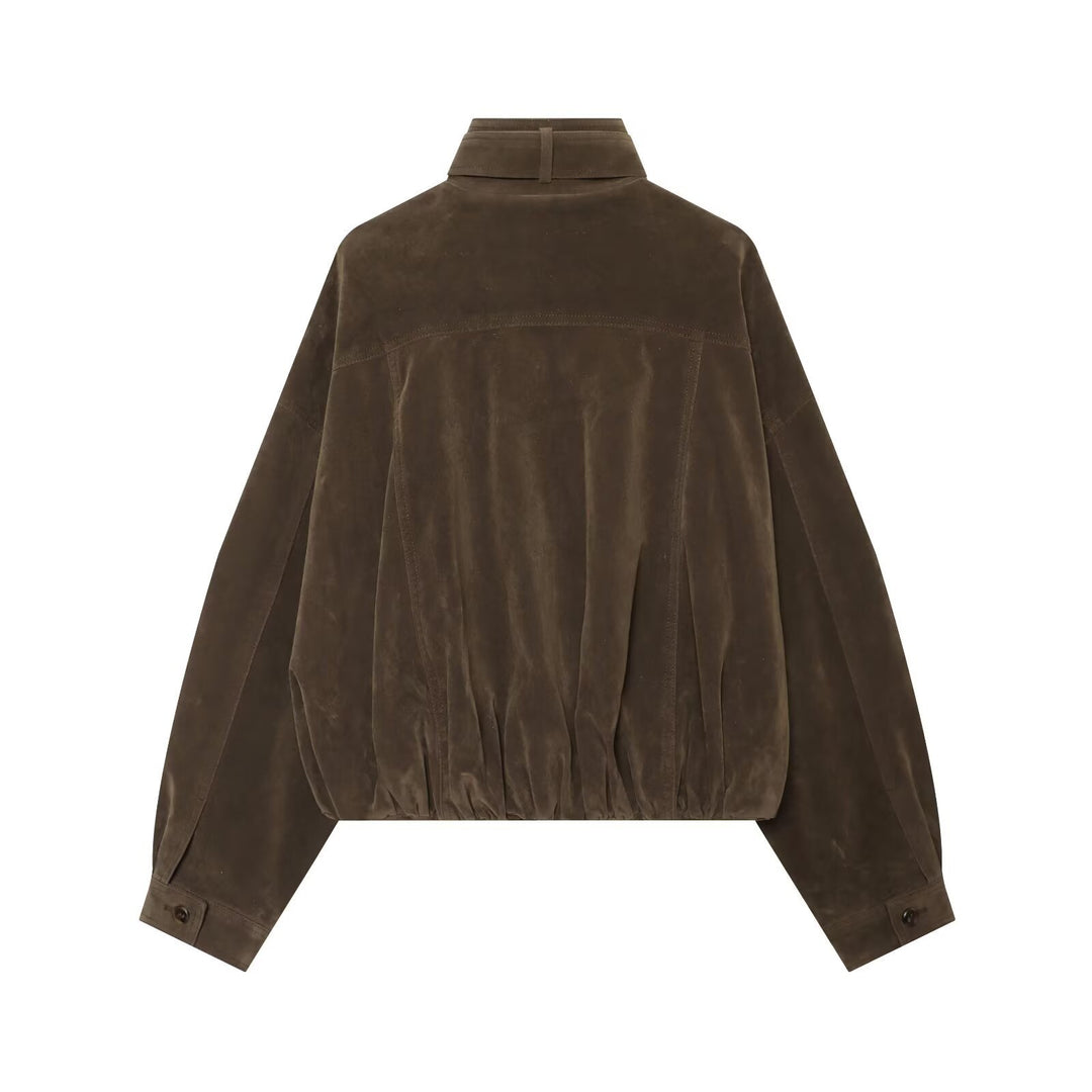 Damen Oversize-Wildleder‑Bomberjacke mit hohem Stehkragen und Reißverschlusstaschen Drune