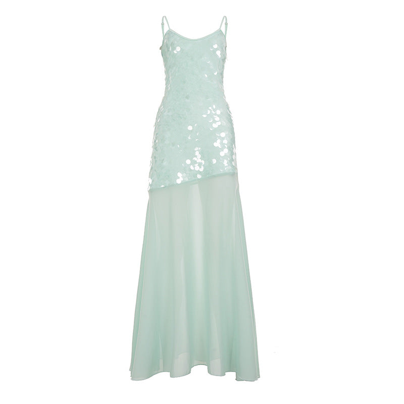 Damen Maxikleid mit glitzernden Pailletten und fließendem Rock Drune