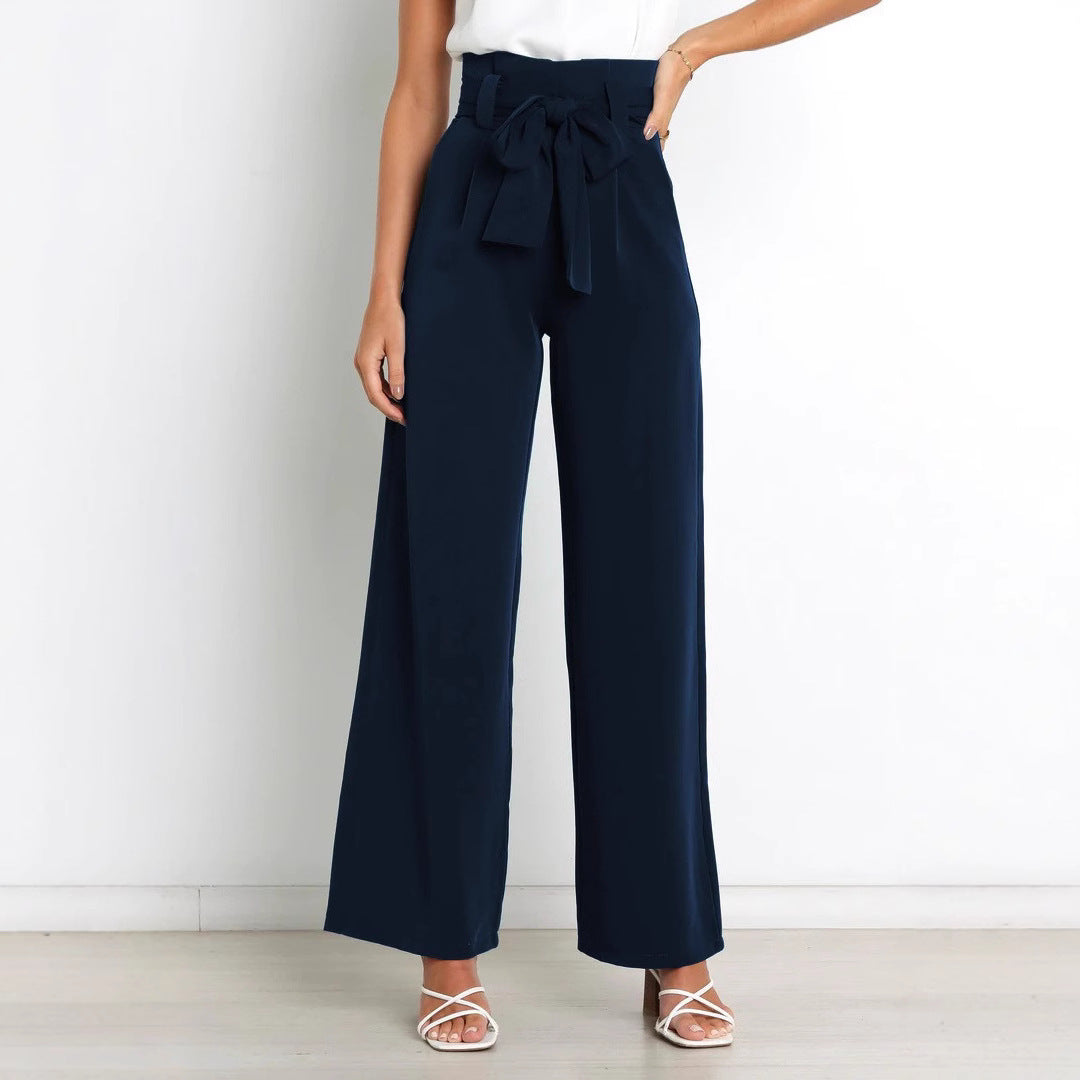 Damen elegante Hochbundhose mit Bindegürtel und weitem Bein Drune