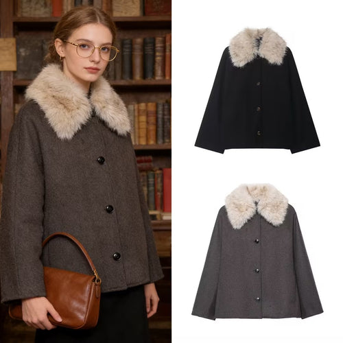 Damen Woll-Cape mit abnehmbarem Kunstfellkragen und verdeckter Knopfleiste Drune
