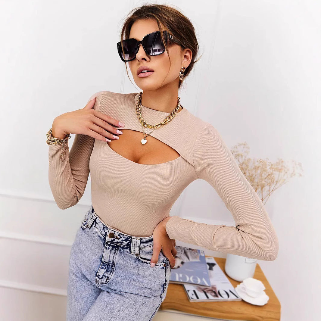 Damen Langarmshirt mit kreativem Ausschnitt und feiner Rippstruktur
