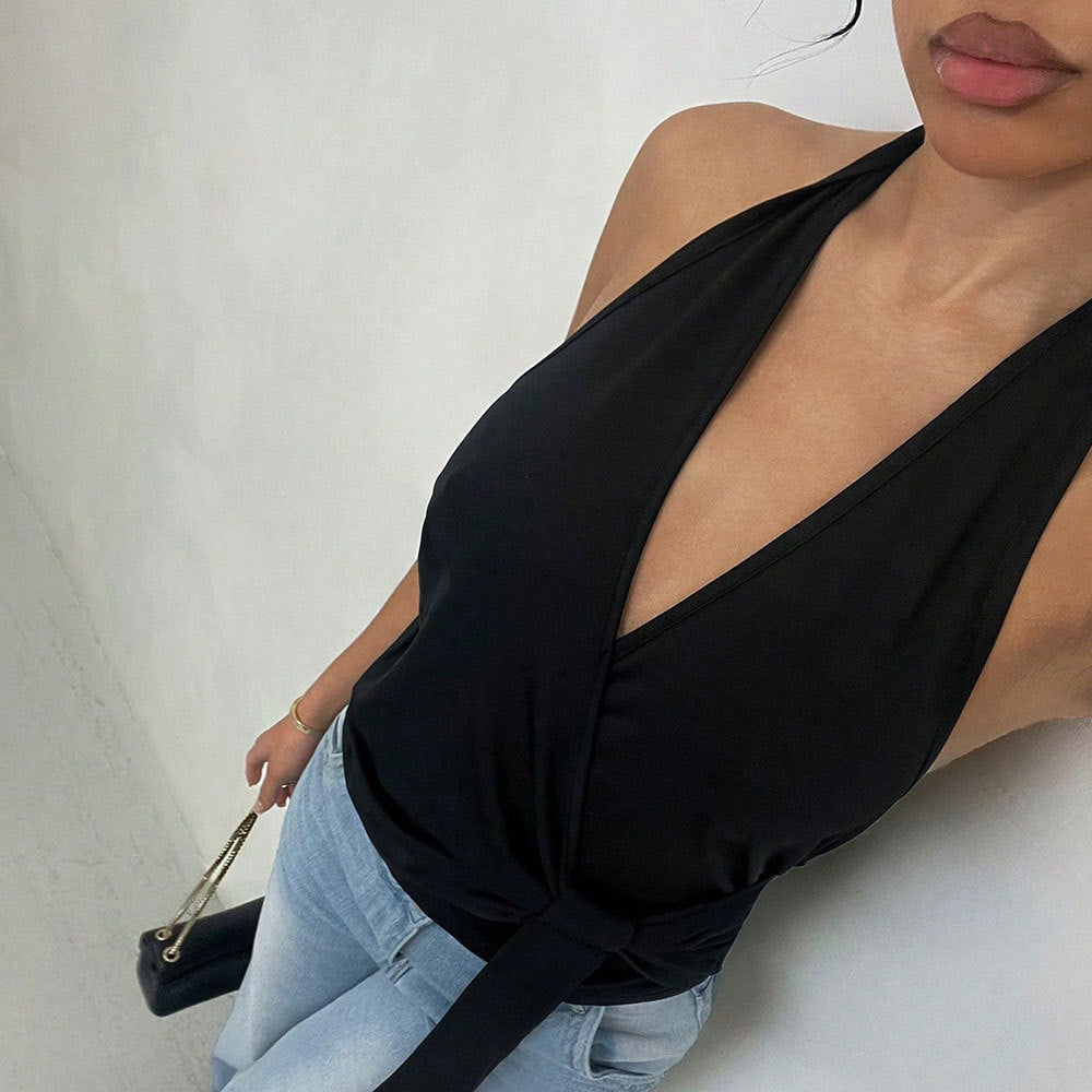 Damen Wickel-Top mit tiefem V-Ausschnitt und eleganten Binde-Details Drune