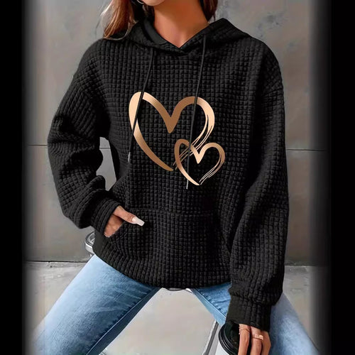 Damen Kapuzenpullover mit Waffelstruktur, Kängurutasche und Metallic-Herzprint Drune