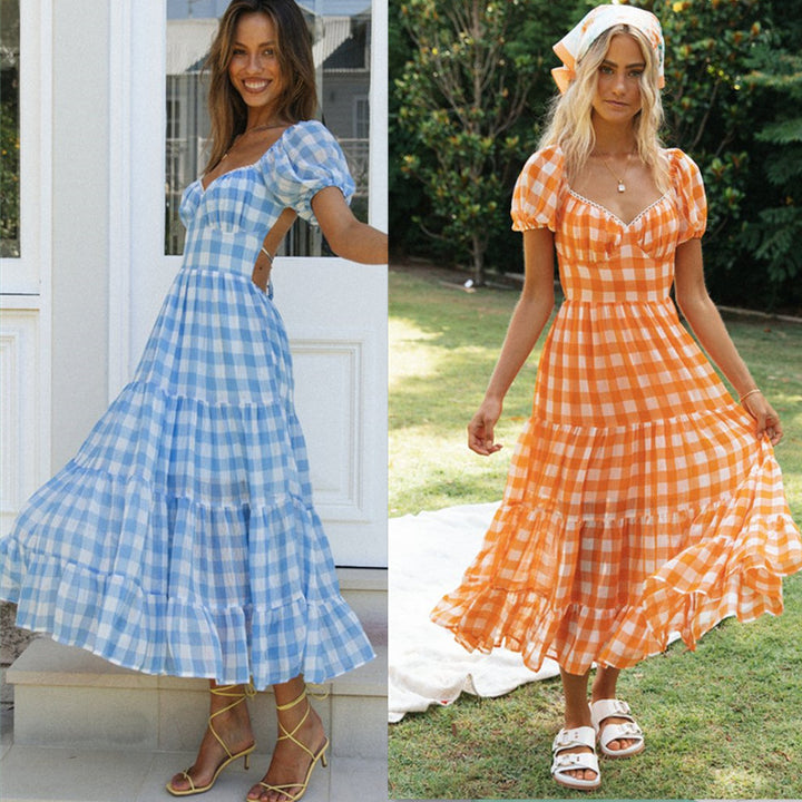 Damen maxi Kleid mit vollen Rüschen und Karomuster Drune
