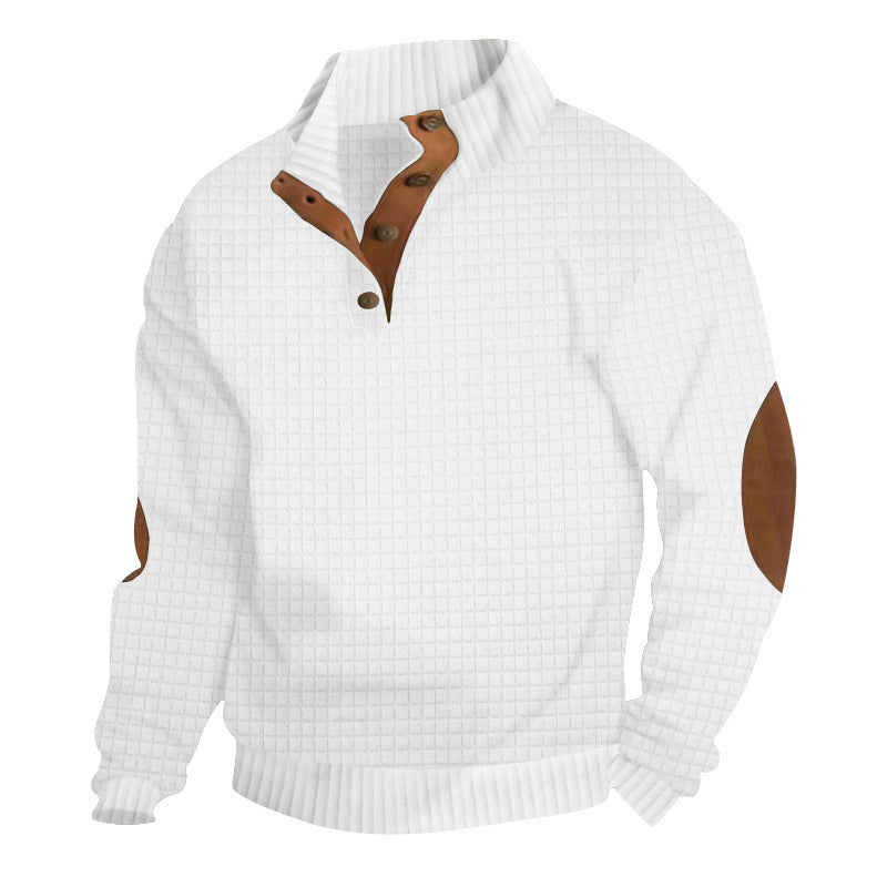 Herren Strukturiertes Waffelstrick-Henleypullover mit Lederbesatz & Ellbogenpatches Drune