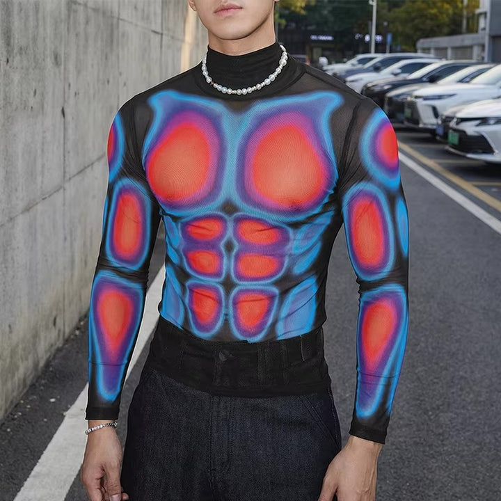 Herren Transparentes Mesh-Langarmshirt mit 3D-Muskeldruck Drune