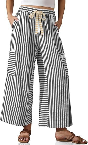 Damen weite Palazzo-Hose mit gestreiftem Muster und praktischen Taschen Drune