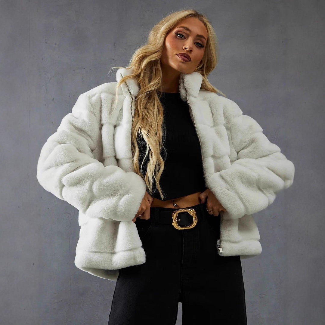 Damen Modische Kurzjacke mit voluminösem Teddy-Fell Drune