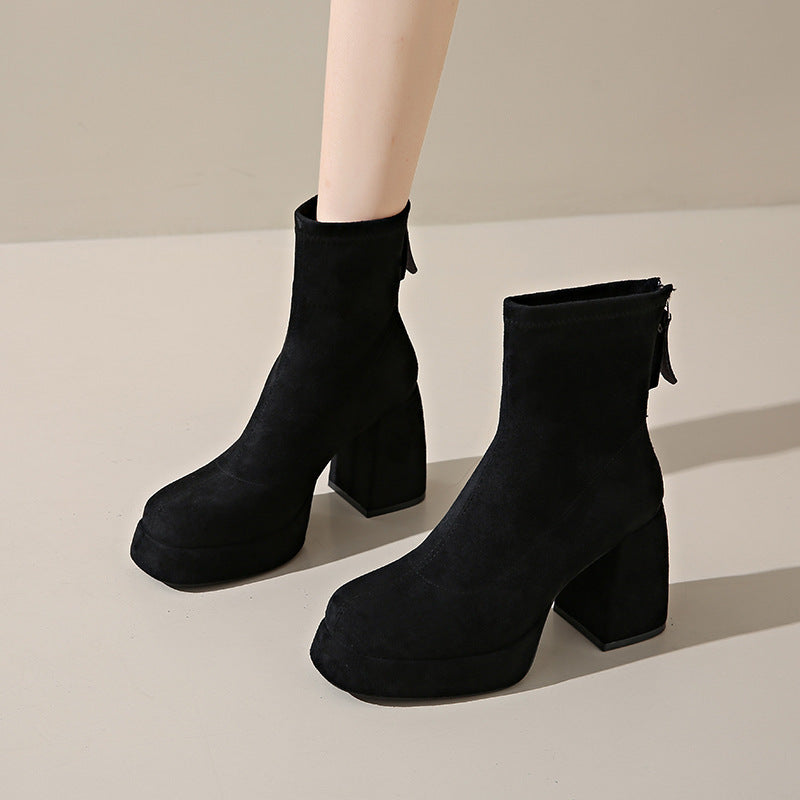 Damen Plateau‑AnklDruneoots aus Veloursleder mit hohem Blockabsatz Drune
