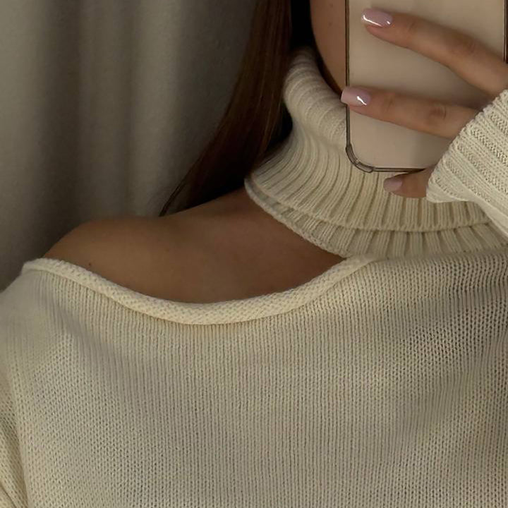 Damen Oversized Pullover mit asymmetrischem Ausschnitt und hohem Kragen Drune