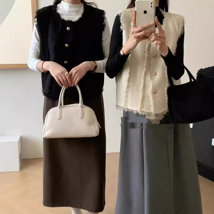 Damen Stufenlose Strickweste mit eleganten Knopfdetails und fransigen Abschlüssen Drune