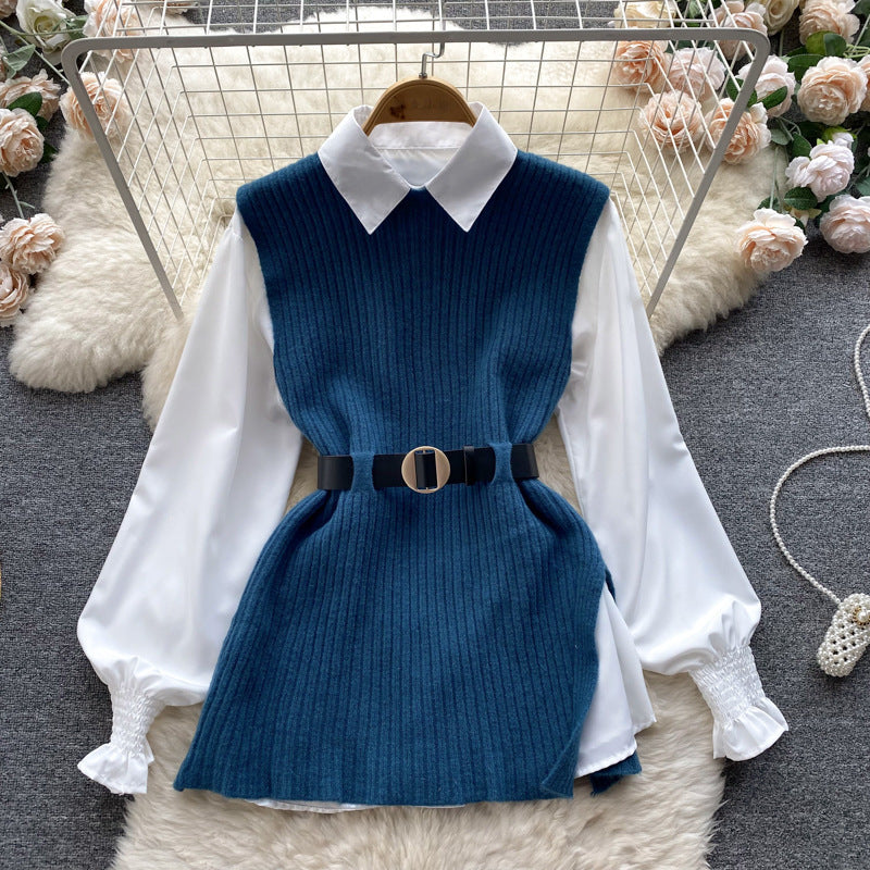 Damen Lagenlook-Bluse mit Rippstrick-Überwurf und Taillengürtel Drune