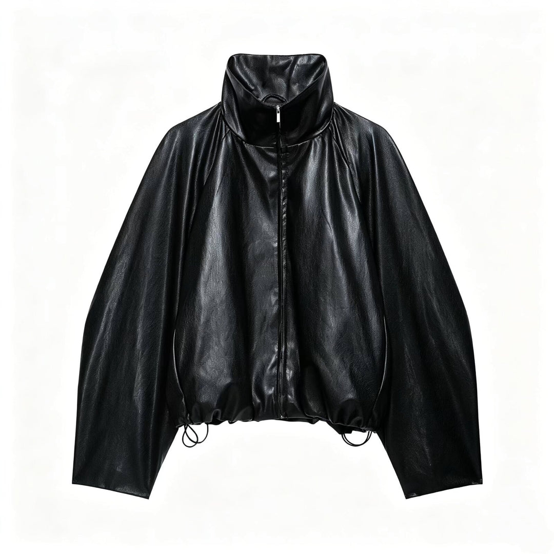Damen Oversize Jacke im Lederlook mit hohem Funnelkragen, Raglanärmeln und Tunnelzugsaum Drune