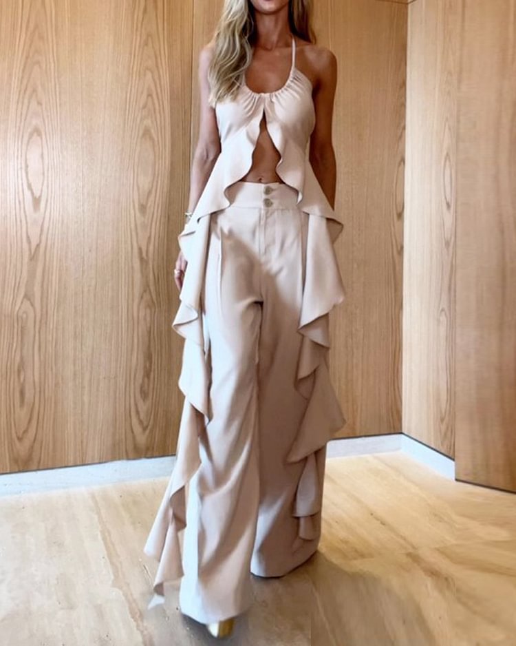 Damen Elegantes Zweiteiliges Set mit fließendem Oberteil und weitem Hosenbein Drune