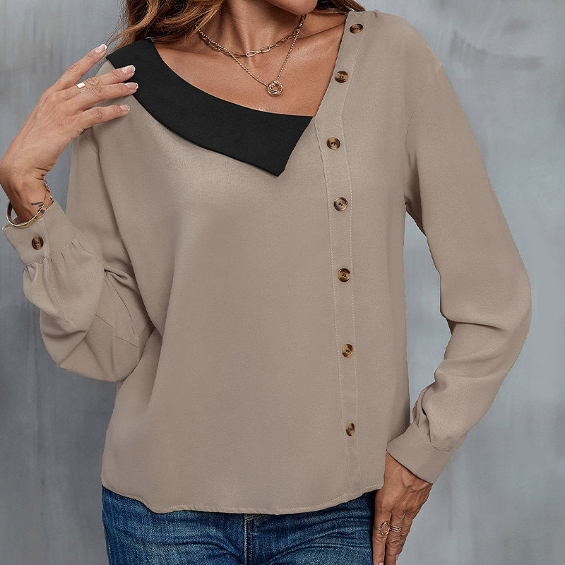 Damen Asymmetrische Hemdbluse mit kontrastiertem Kragen und dekorativer Knopfleiste Drune