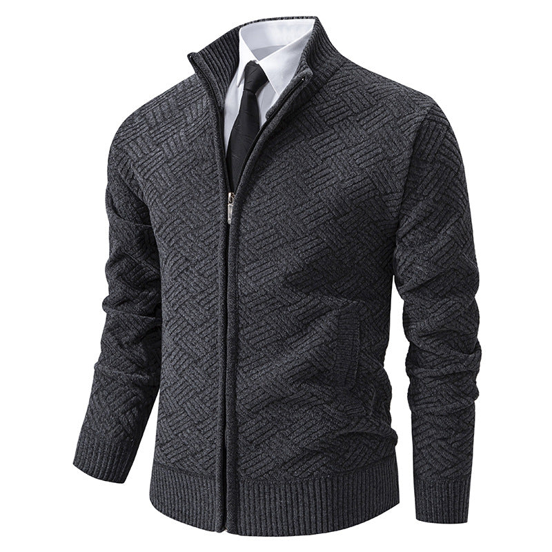 Herren Strick-Zipjacke mit geometrischem Strukturmuster und Stehkragen Drune