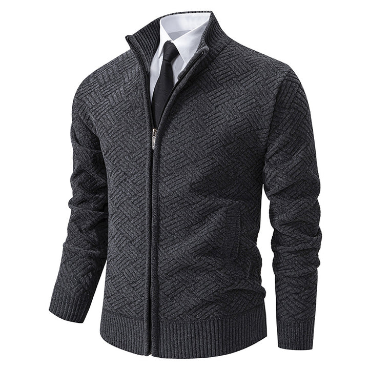 Herren Strick-Zipjacke mit geometrischem Strukturmuster und Stehkragen Drune