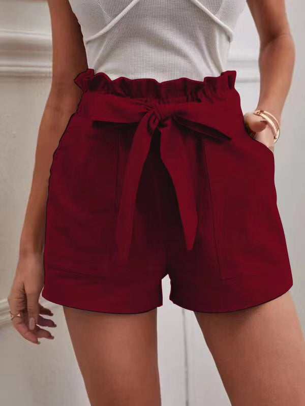 Damen Leichte Shorts mit dekorativem Bindegürtel und elastischem Bund Drune