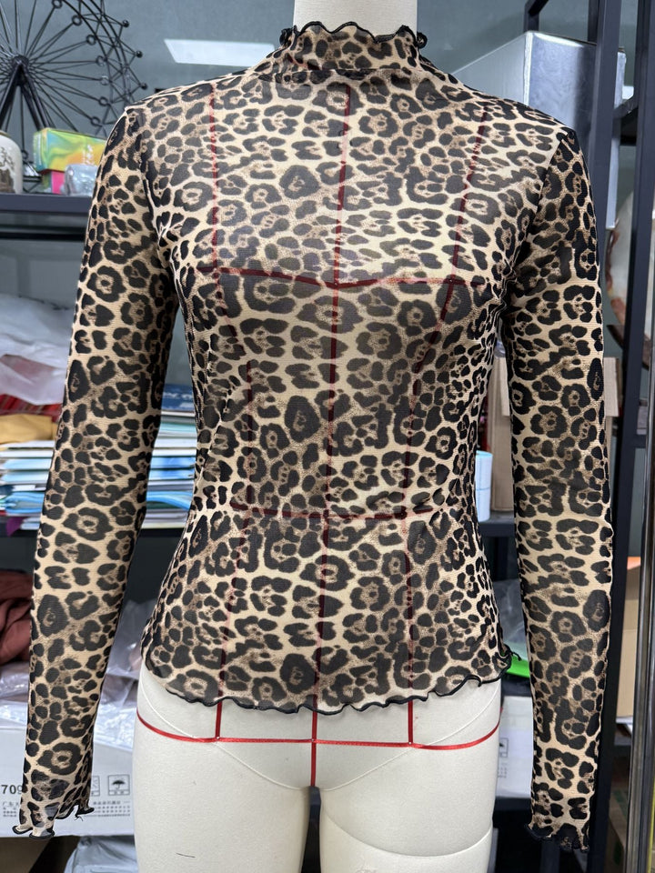 Damen langärmliges transparentes Oberteil mit Leopardenmuster und hohem Kragen Drune