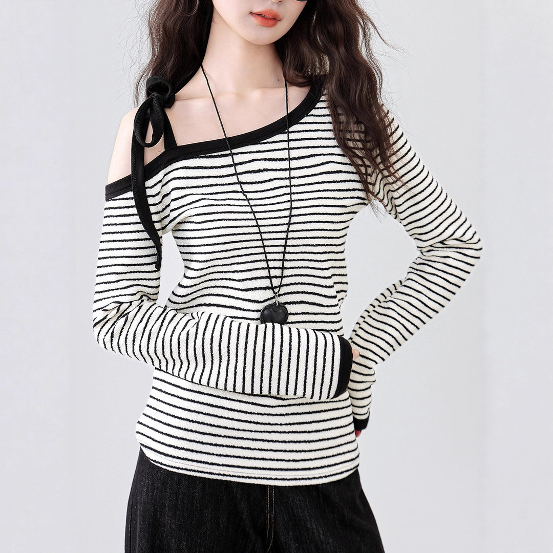 Damen Off-Shoulder Oberteil mit modernem Streifen Design Drune