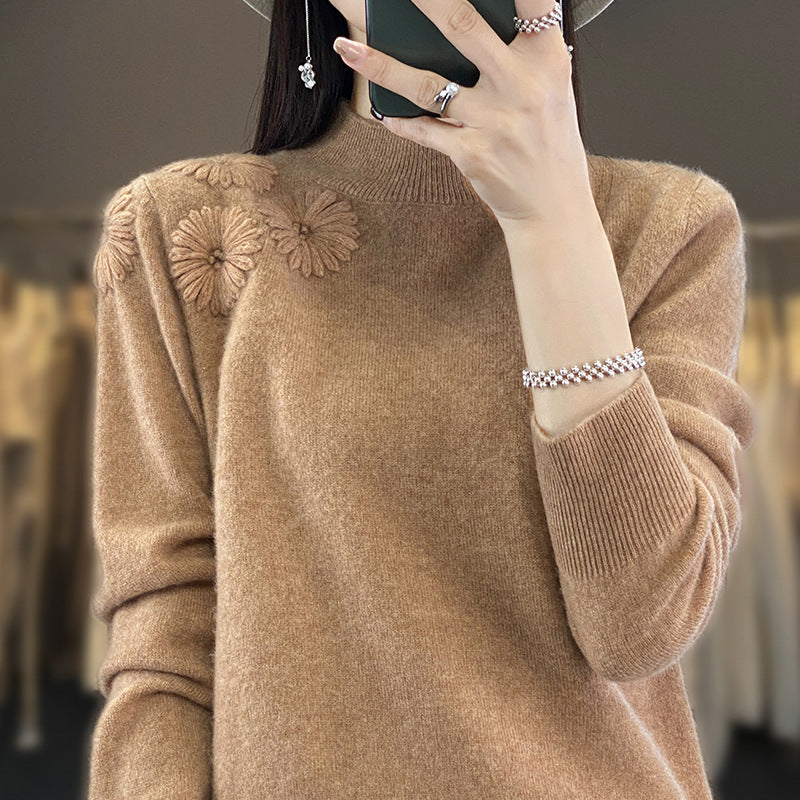 Damen Weicher Feinstrickpullover mit kurzem Stehkragen, 3D‑Blütenapplikation und gerippten Bündchen Drune