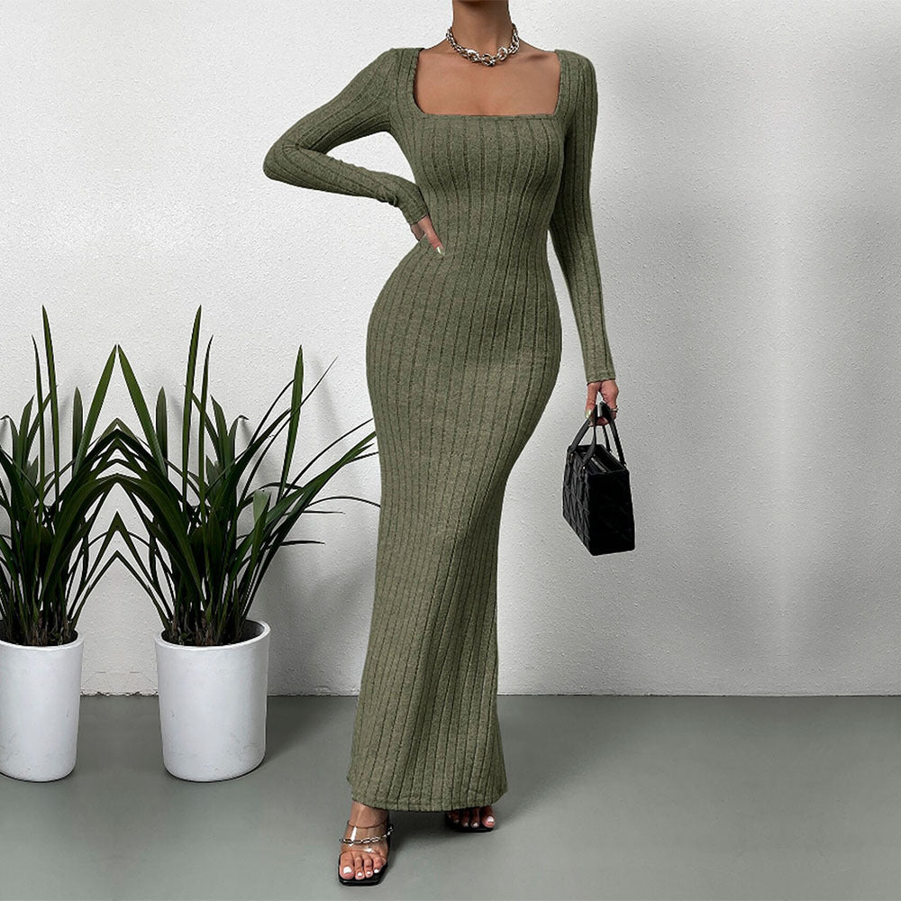 Damen geripptes Sculpting-Maxikleid mit Quadratausschnitt und taillierter Meerjungfrauen‑Silhouette Drune