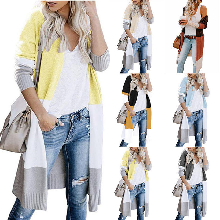 Damen Longline-Cardigan mit Colorblock-Design, offener Front und Rippsaum Drune