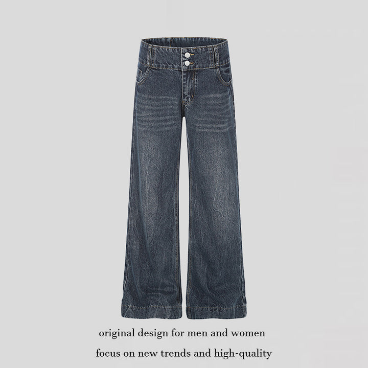 Damen High-Waist Weite Palazzo-Jeans mit Doppelknopf und ausgestelltem Bein Drune