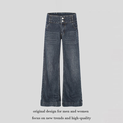 Damen High-Waist Weite Palazzo-Jeans mit Doppelknopf und ausgestelltem Bein Drune