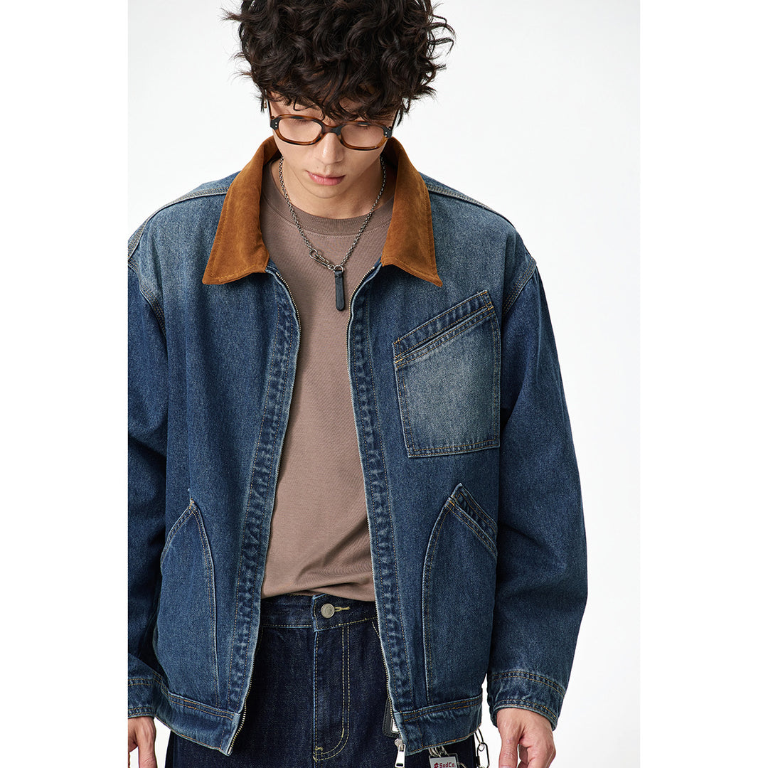 Herren Relaxed-Denimjacke mit Kontrast-Cordkragen und schräger Brusttasche Drune