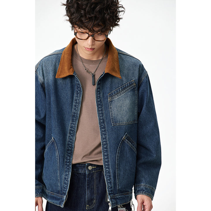 Herren Relaxed-Denimjacke mit Kontrast-Cordkragen und schräger Brusttasche Drune