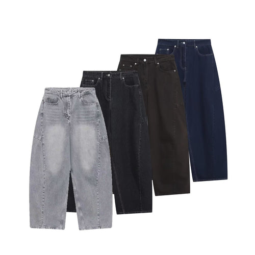 Damen High‑Waist Cropped Ballon-Jeans mit Einsatznähten und Five-Pocket-Design Drune