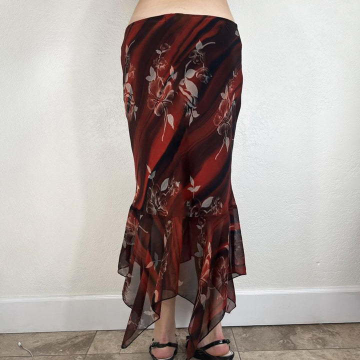 Damen Asymmetrischer Mesh-Midirock mit Volantstufen und floralem Muster Drune