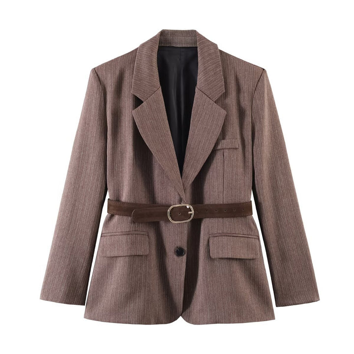 Damen Taillierter Einreihiger Blazer mit Gürtel und tonalem Nadelstreifen Drune