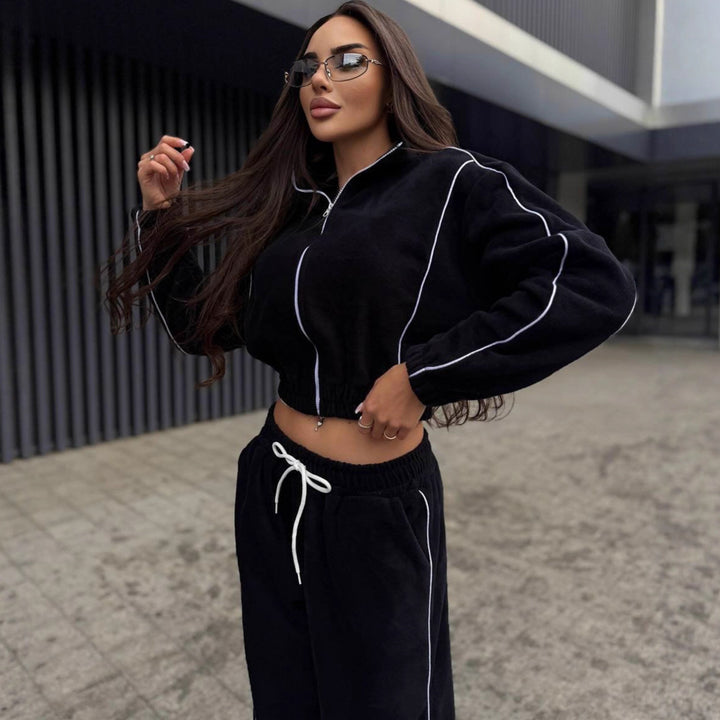 Damen Gekürztes Zip-Fleece-Set mit tailliertem Kordelbund und weitem Hosenbein Drune