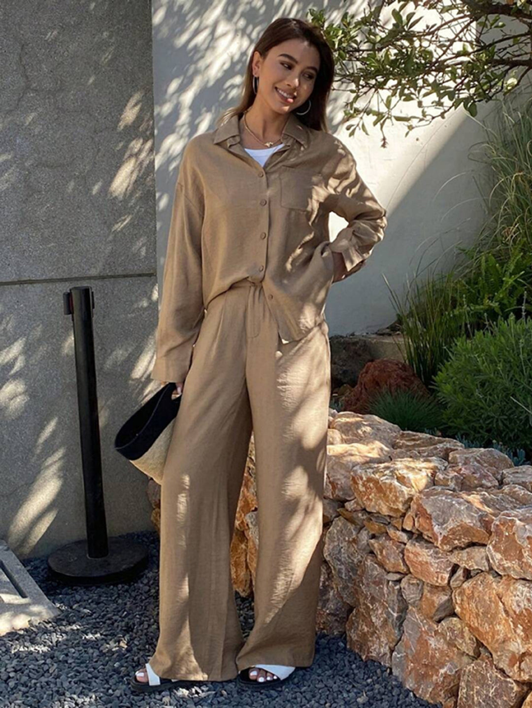 Damen nan entspanntes Leinen Lounge Set mit Oversize Hemd und Kordelbund Palazzohose Drune
