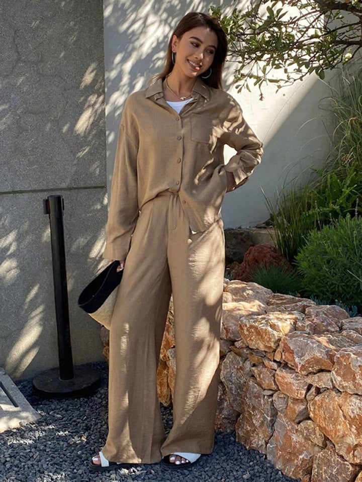 Damen nan entspanntes Leinen Lounge Set mit Oversize Hemd und Kordelbund Palazzohose Drune