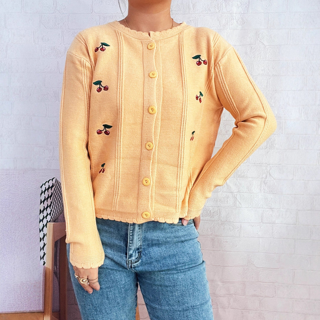 Damen verspielte Strickjacke mit Kirschenmotiv und Rüschenkragen Drune