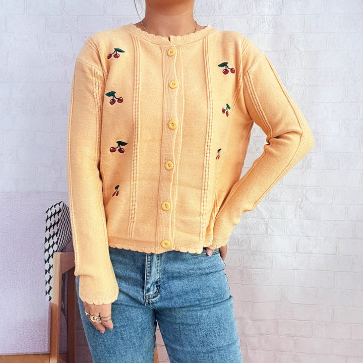 Damen verspielte Strickjacke mit Kirschenmotiv und Rüschenkragen Drune
