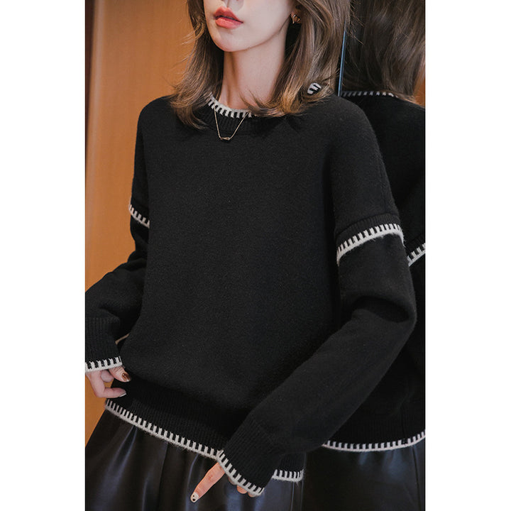 Damen lässiger Strickpullover mit kontrastierendem Saum und weichen Ärmeln Drune