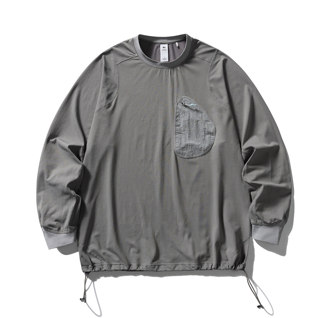 Unisex Leichter technischer Rundhals-Pullover mit Brust-Zip-Tasche, Kordelzugsaum und gerippten Bündchen Drune