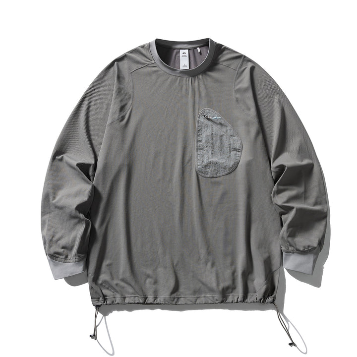 Unisex Leichter technischer Rundhals-Pullover mit Brust-Zip-Tasche, Kordelzugsaum und gerippten Bündchen Drune