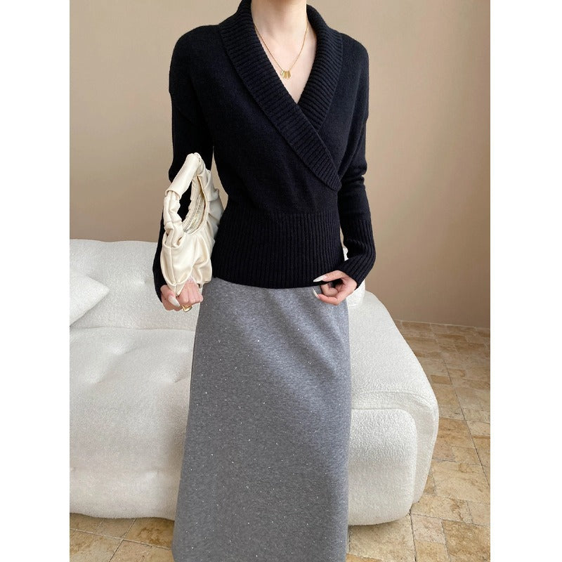 Damen eleganter Wickelpullover mit breitem Rippbund Drune