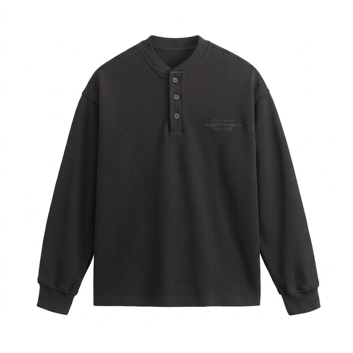 Unisex Strukturierter Henley-Pullover mit Knopfleiste und geripptem Stehkragen Drune